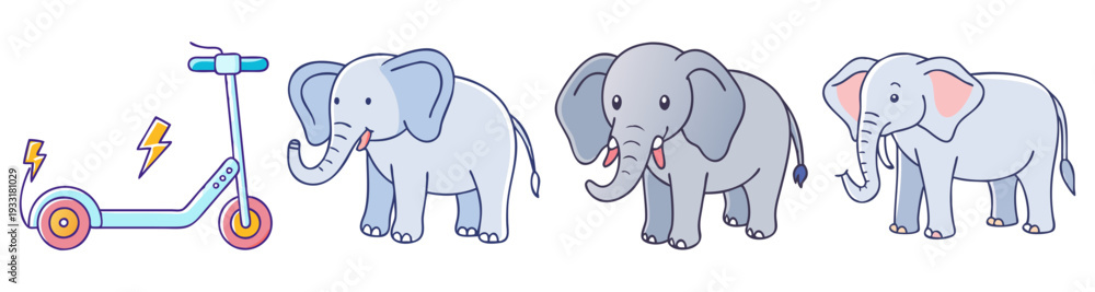 Obraz premium Cute elephant family with electric scooter flat design vector illustration icon pack set
