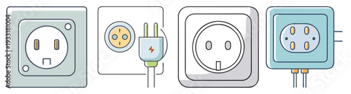 Electric power socket and plug types set flat design vector illustration isolated on gray background