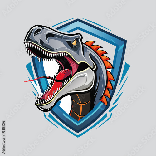3D vector gaming logo of an Allosaurus roaring upward, metallic jaw plating, energy wave effect