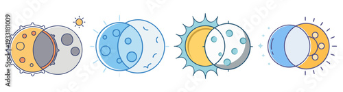 Solar and lunar eclipse phases set flat design vector illustration icon pack scalable graphic