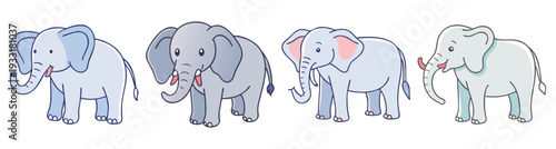 Set of four cute cartoon elephants walking in different poses flat design vector illustration