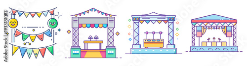 Colorful festival booths and carnival stalls vector illustration, flat design icon pack with decorations, scalable graphic art