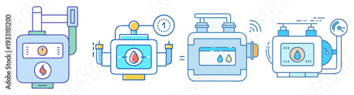 Smart home energy monitoring icons set with gas, water, and electricity meters flat design vector illustration