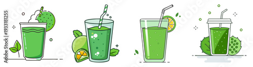 Fresh green smoothie set with fruits and mint leaves in glass cups vector illustration flat design