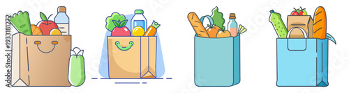 Colorful grocery shopping bag set with fresh vegetables and fruits flat design vector illustration