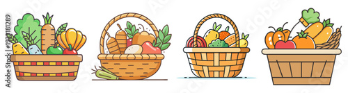 Colorful harvest basket set with fresh fruits and vegetables flat design vector illustration