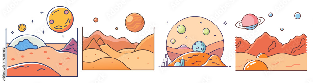 Fototapeta premium Sleeping planets and moon phases cycle flat design vector illustration icon pack set