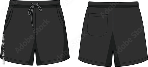 Black Men's Casual Shorts Technical Flat Sketch Vector Template with Elastic Waistband Drawstring Side Pockets and Back Patch Pocket View Front and Back
