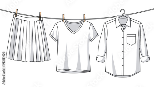 Clean white laundry including a pleated skirt, v-neck t-shirt, and long-sleeved shirt hanging on a clothesline with wooden pins.