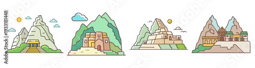 Machu Picchu mountain landscape icon pack with clouds and greenery flat design vector illustration