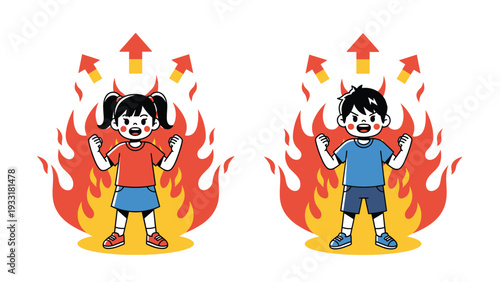 Enthusiastic boy and girl feeling motivated and energetic with stylized flames and upward arrows symbolizing growth and passion.