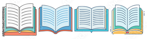 Open book collection with colorful pages vector illustration, flat design educational icon pack, scalable reading graphics