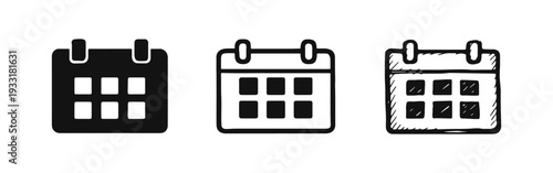 Monthly Calendar Grid Icon Set - Solid, Outline, and Hand-Drawn Styles for Scheduling