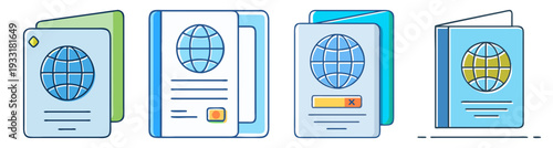 Global travel and business passport icon pack with world map and visa stamps vector illustration