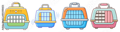 Set of colorful pet travel carriers flat design vector illustration icon pack isolated on white background