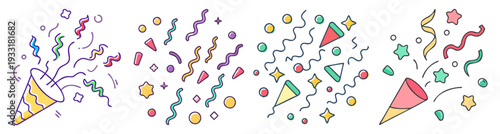 Colorful party confetti and streamers exploding celebration set flat design vector illustration