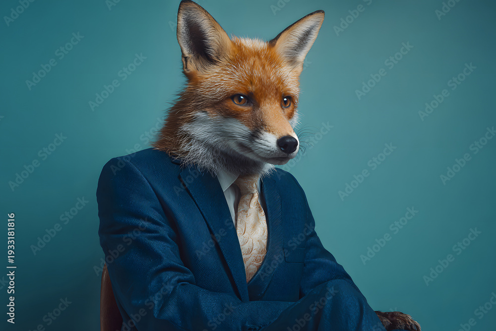 Naklejka premium Fox dressed in a suit sitting in a chair against a blue background