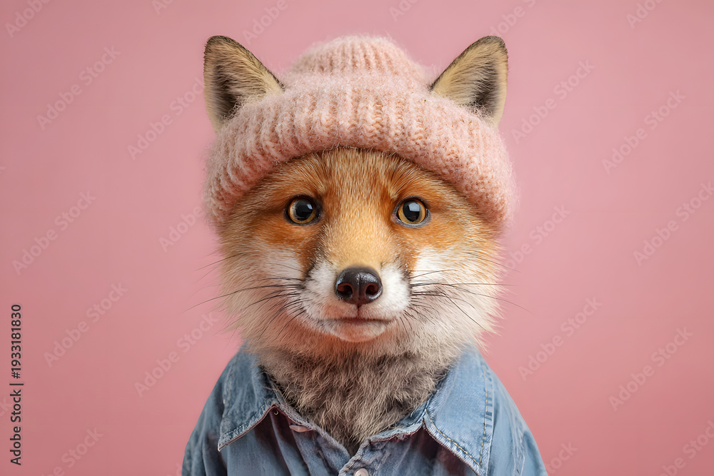 Fototapeta premium Fox wearing a pink knit hat and blue shirt posing against a pink background in a playful and fun setting