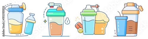 Protein shake bottles and shaker cups set with fruits and supplements vector illustration flat design