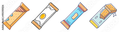 Protein bar energy snack nutrition food set flat design vector illustration icon pack scalable graphic