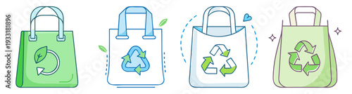 Eco friendly reusable shopping bags set with recycling symbols vector illustration flat design