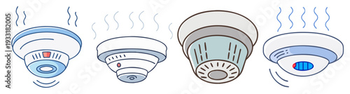 Smoke detector alarm icons set with water sprinkler fire safety flat design vector illustration