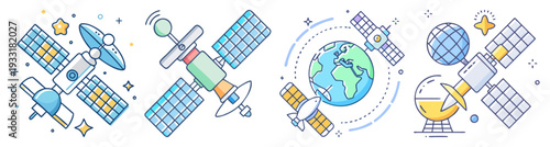 Space technology and global communication vector icon pack, flat design satellite and planet orbit illustration