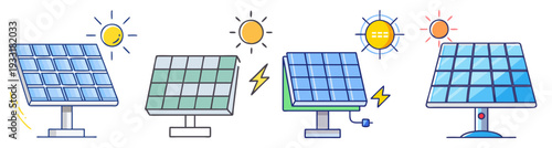 Solar energy power system eco renewable electricity flat design vector illustration icon pack set