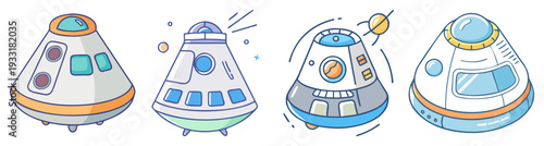 Space capsule rocket launch set with planets and stars flat design vector illustration