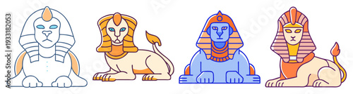 Four mythical creatures sphinx lion cat pharaoh vector illustration flat design icon pack set