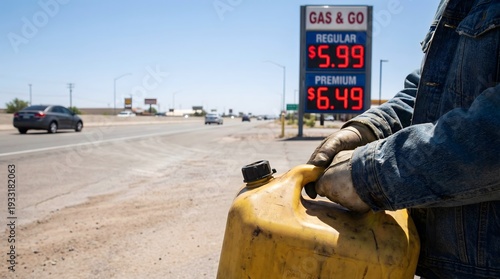 Wallpaper Mural Driver grips bright yellow gas can while walking along sun-drenched American highway toward vibrant gas station sign displaying elevated fuel prices in distance, capturing stark reality of high costs Torontodigital.ca