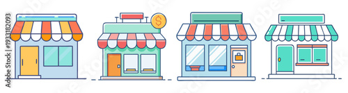 Colorful storefront shop icons vector illustration pack, flat design scalable retail business graphics