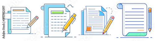 Creative writing process workflow with drafts, notes, and editing tools flat design vector illustration