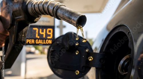 Fuel nozzle pours gasoline into car tank at busy US fuel station, digital screen in the background displaying $7.49 per gallon, highlighting the energy and petroleum needed for transportation systems