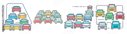 Colorful city traffic jam with cars and vehicles flat design vector illustration icon pack