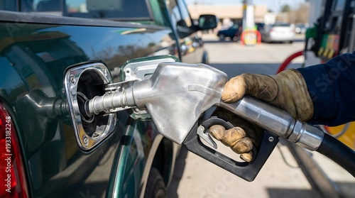 A driver's hand firmly grasps the chrome fuel pump handle, inserting it into the pickup truck's gas tank, as sunlight highlights the vibrant colors and reflections on the metallic surfaces