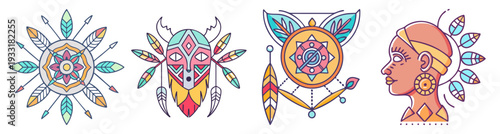 Tribal mandala and boho headband vector icon pack, colorful ethnic patterns, flat design vector illustration