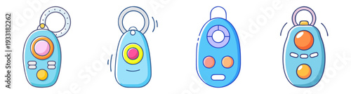 Set of 4 training clicker icons for dog training, pet behavior, positive reinforcement flat design vector illustration