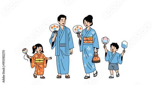 Japanese family of four wearing traditional yukata robes enjoying a summer festival with fans, cotton candy, and traditional toys.