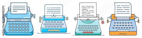 Vintage typewriters set flat design vector illustration icon pack with colorful retro writing machines isolated on white background