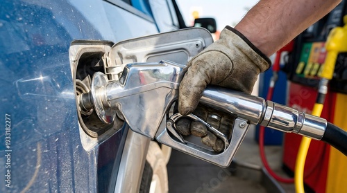 A driver's hand grasps the fuel pump handle, inserting it into the chrome-edged tank of a pickup truck, as sunlight dances across the metallic surface, creating a sharp reflection