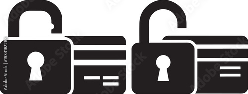 Credit card security icons, locked and unlocked states, representing online payment safety, data protection, and privacy.