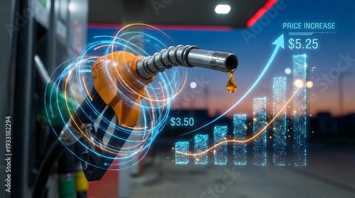 A fuel pump nozzle drips gasoline as a motion graphics display visualizes a rising price graph at a busy gasoline station, illustrating the increasing cost of fuel at the pump in real-time
