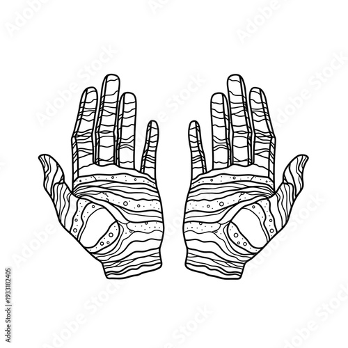 Detailed line drawing of two stylized hands with textured palm lines.