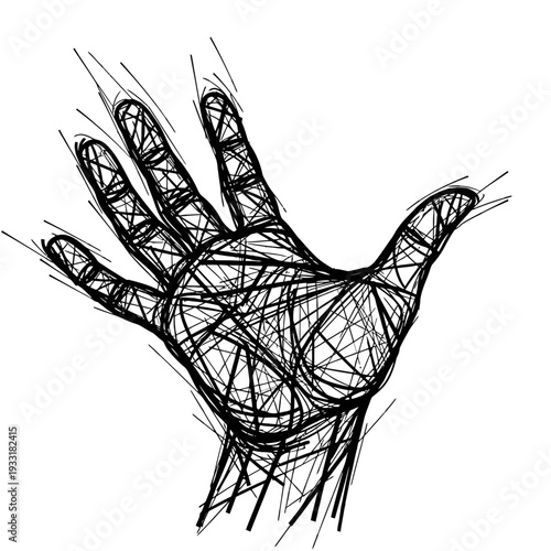 Abstract sketch of a human hand with intricate line art and shading.