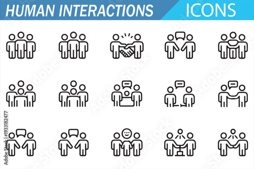 Human Interactions Line Icons Set – Communication, Teamwork, Collaboration and Social Connection Outline Vector Collection for Business, Community and Relationship Design