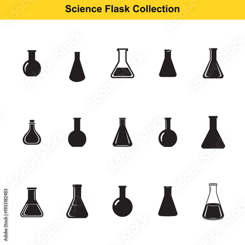 Fifteen various laboratory flask silhouettes represent scientific research equipment for.