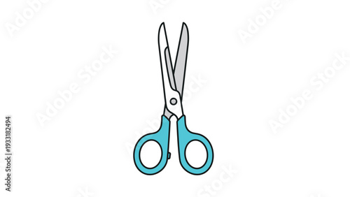 Sharp pair of blue and silver scissors standing vertically against a plain white background for office or craft use.