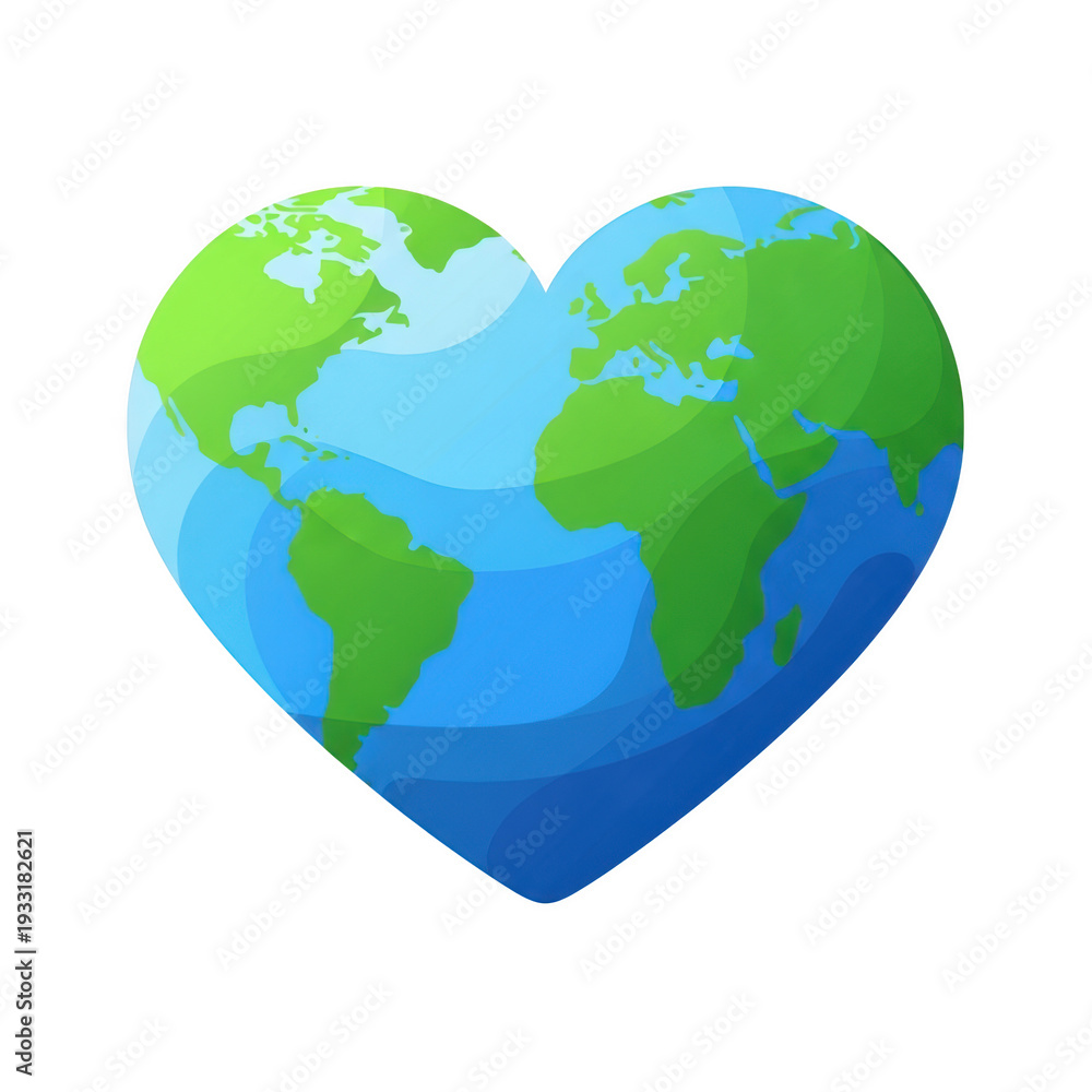 Fototapeta premium Heart shaped globe with green and blue continents isolated on transparent background