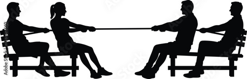 Black silhouettes of two teams sitting on benches playing tug of war pulling a rope isolated on white background, flat vector (20 words)